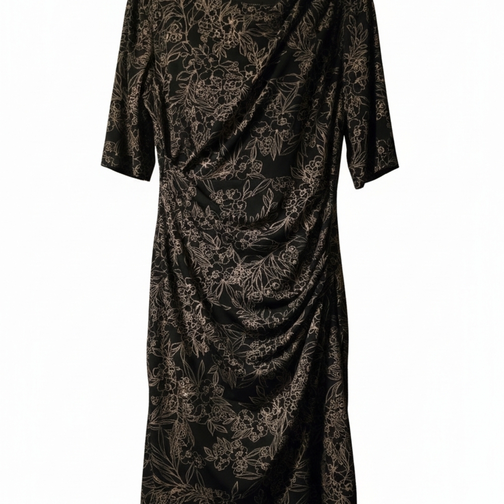 Connected Apparel Large Black Dress with Beige Floral Print